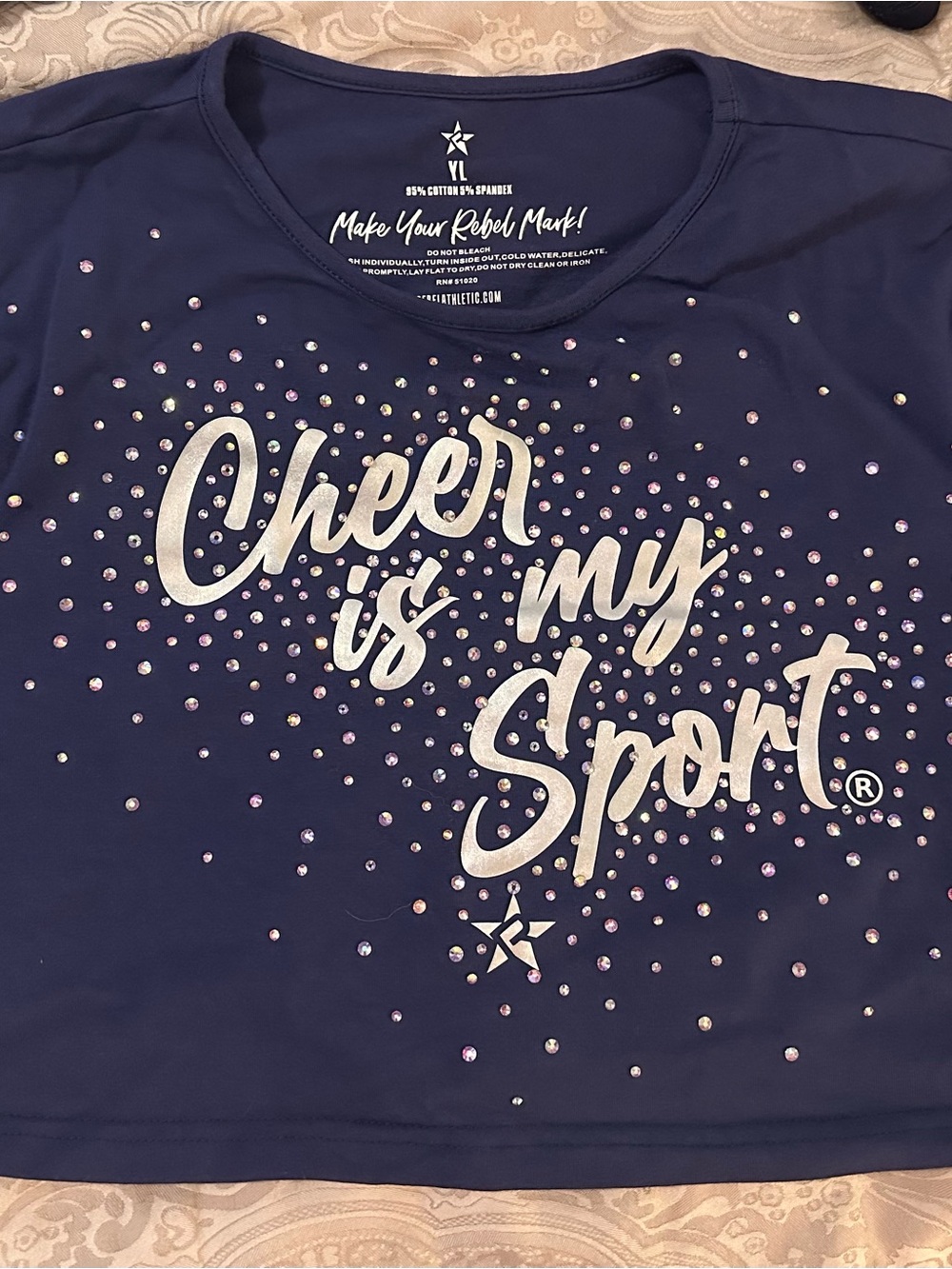 Youth Large Navy "Cheer Is My Sport" Rhinestone Tee by Rebel Athletic